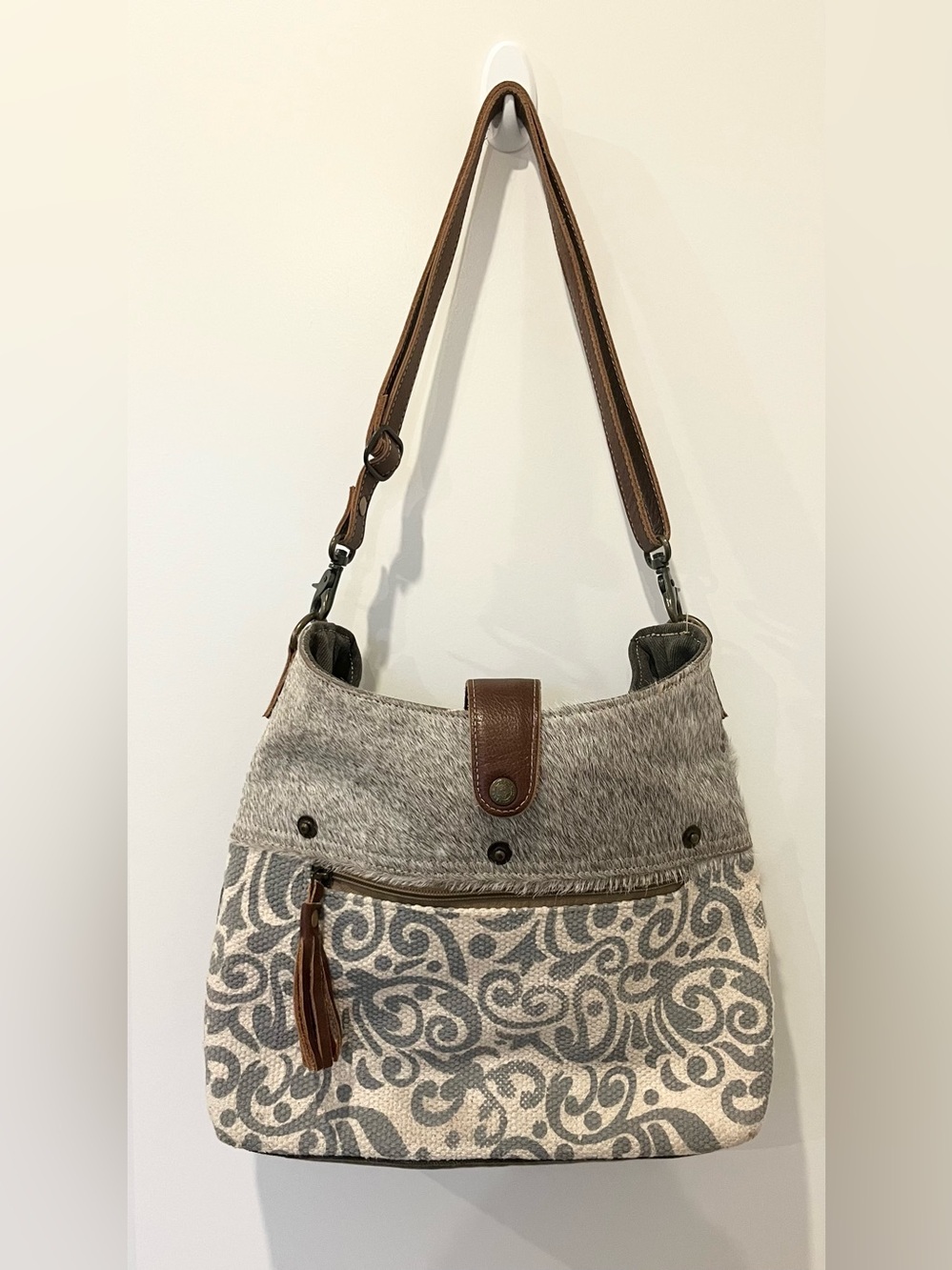 Myra Bag Womens Blue Paisley Cowhide Upcycled Canvas Leather Shoulder Bag Large